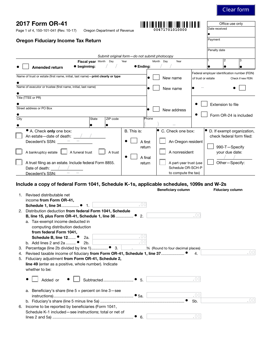Form OR-41 Oregon Fiduciary Income Tax Return - Oregon, Page 1
