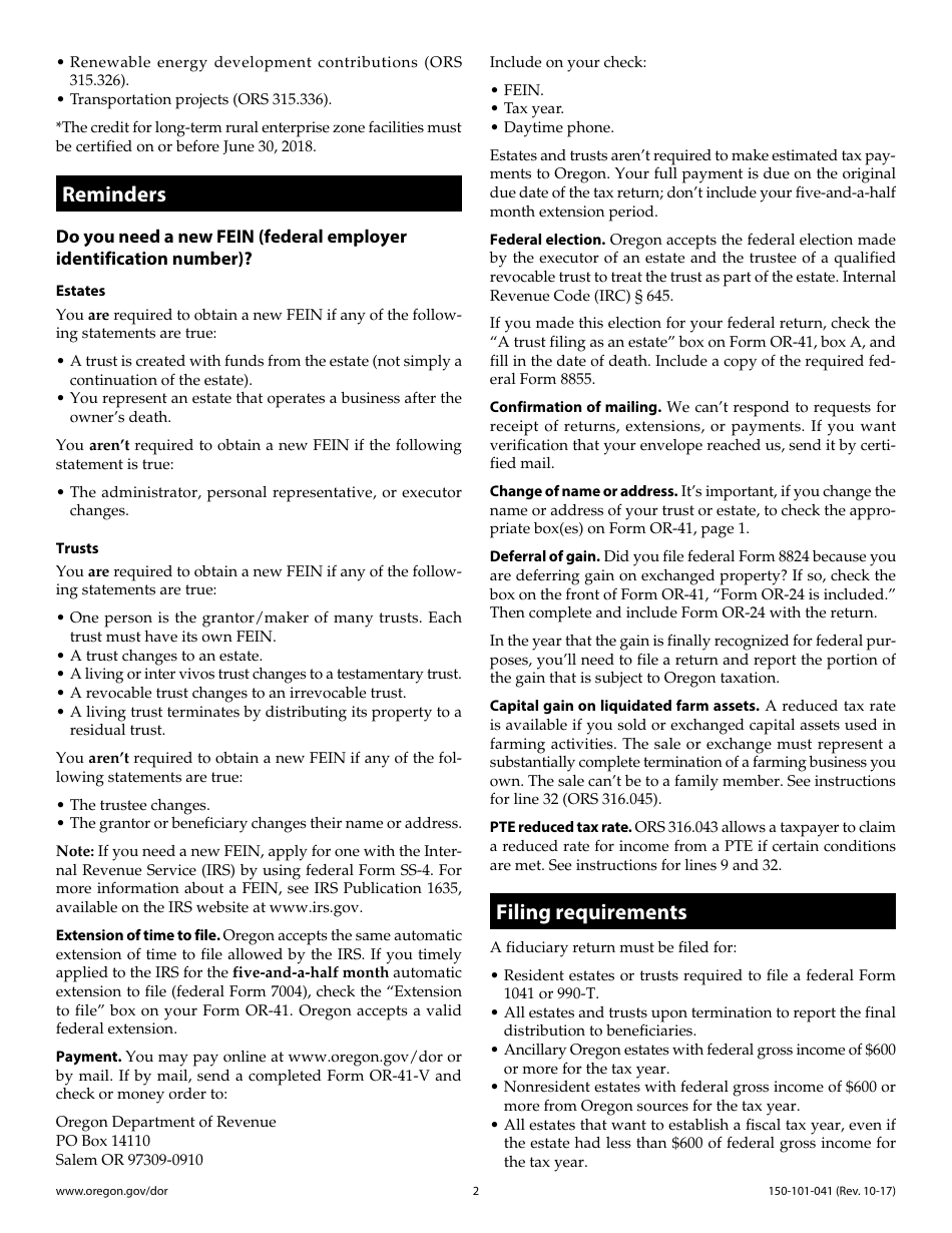 Form OR-41 Oregon Fiduciary Income Tax Return - Oregon, Page 6