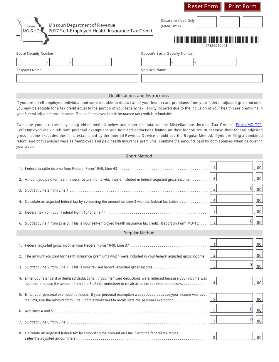 Form MO-SHC Self-employed Health Insurance Tax Credit - Missouri, Page 1