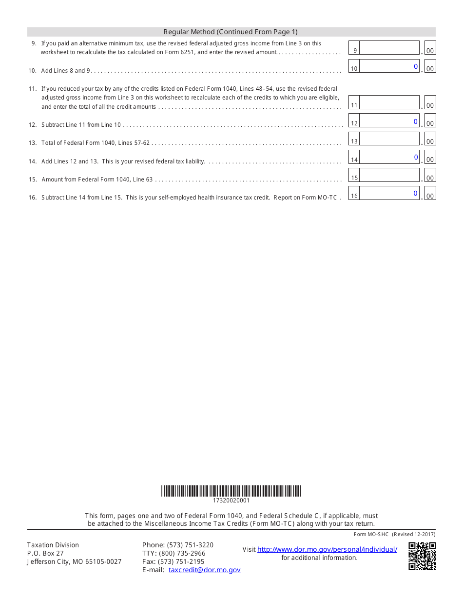 Form MO-SHC Self-employed Health Insurance Tax Credit - Missouri, Page 2