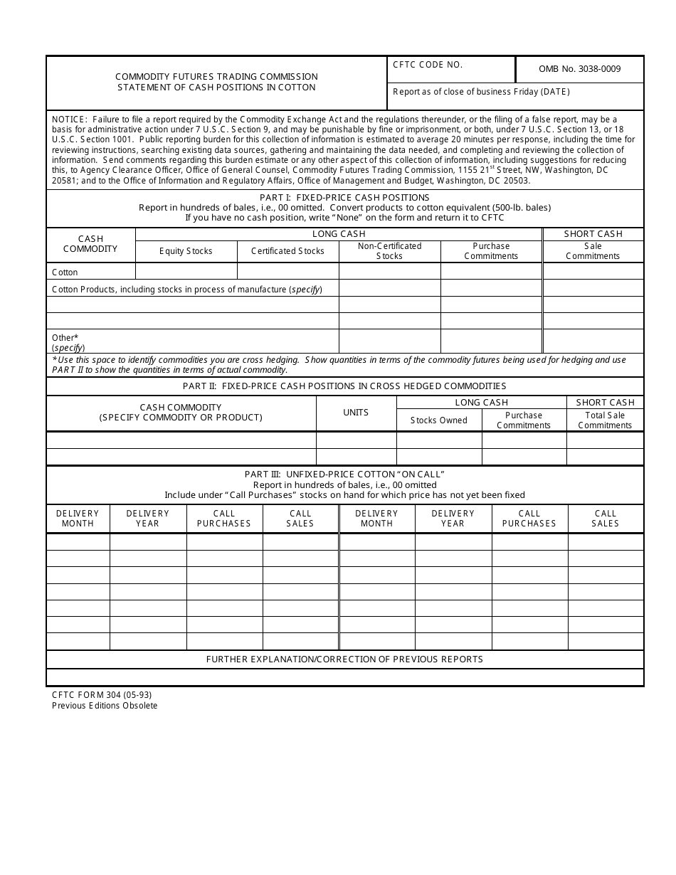 CFTC Form 304 Statement of Cash Positions in Cotton, Page 1