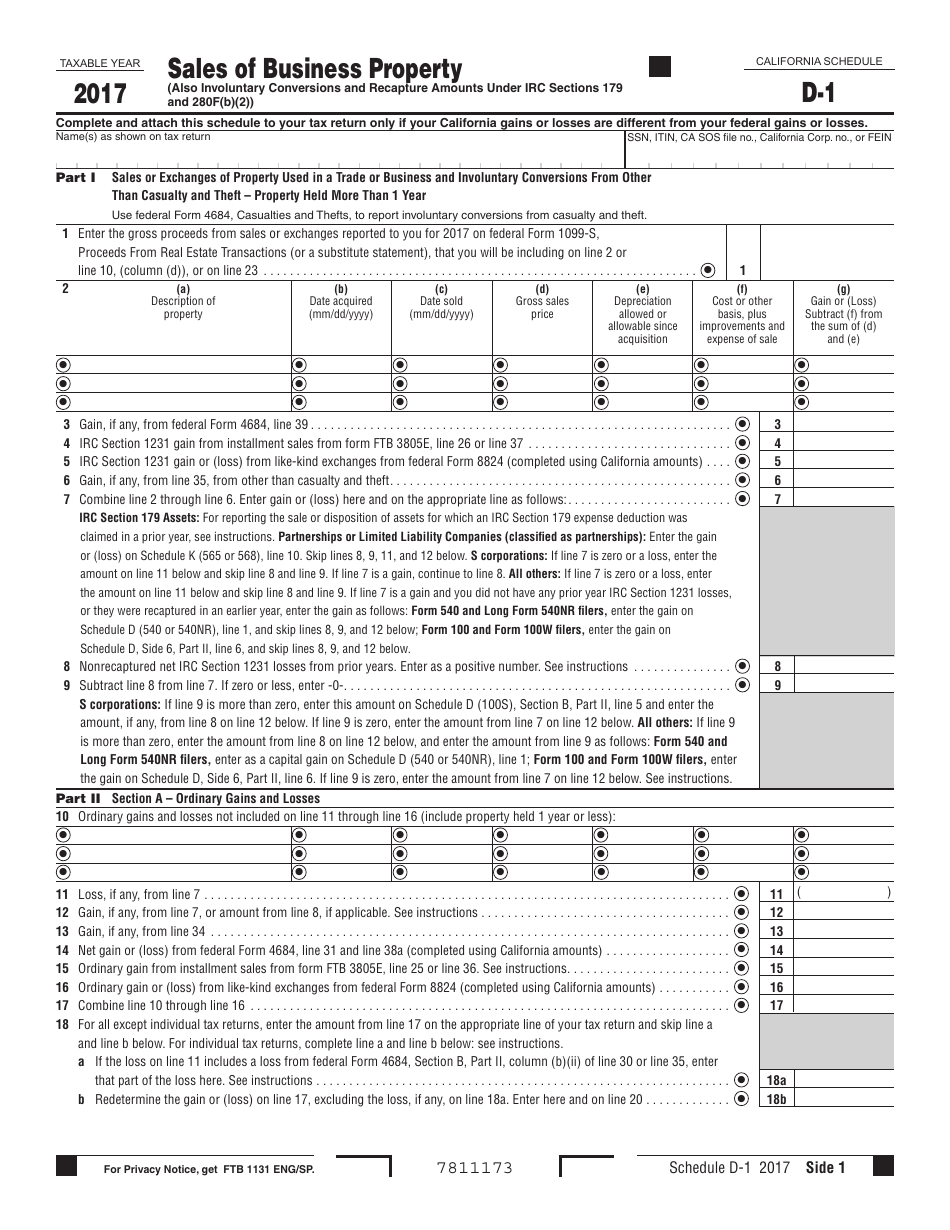 Form 540 Schedule D-1 Sales of Business Property - California, Page 1