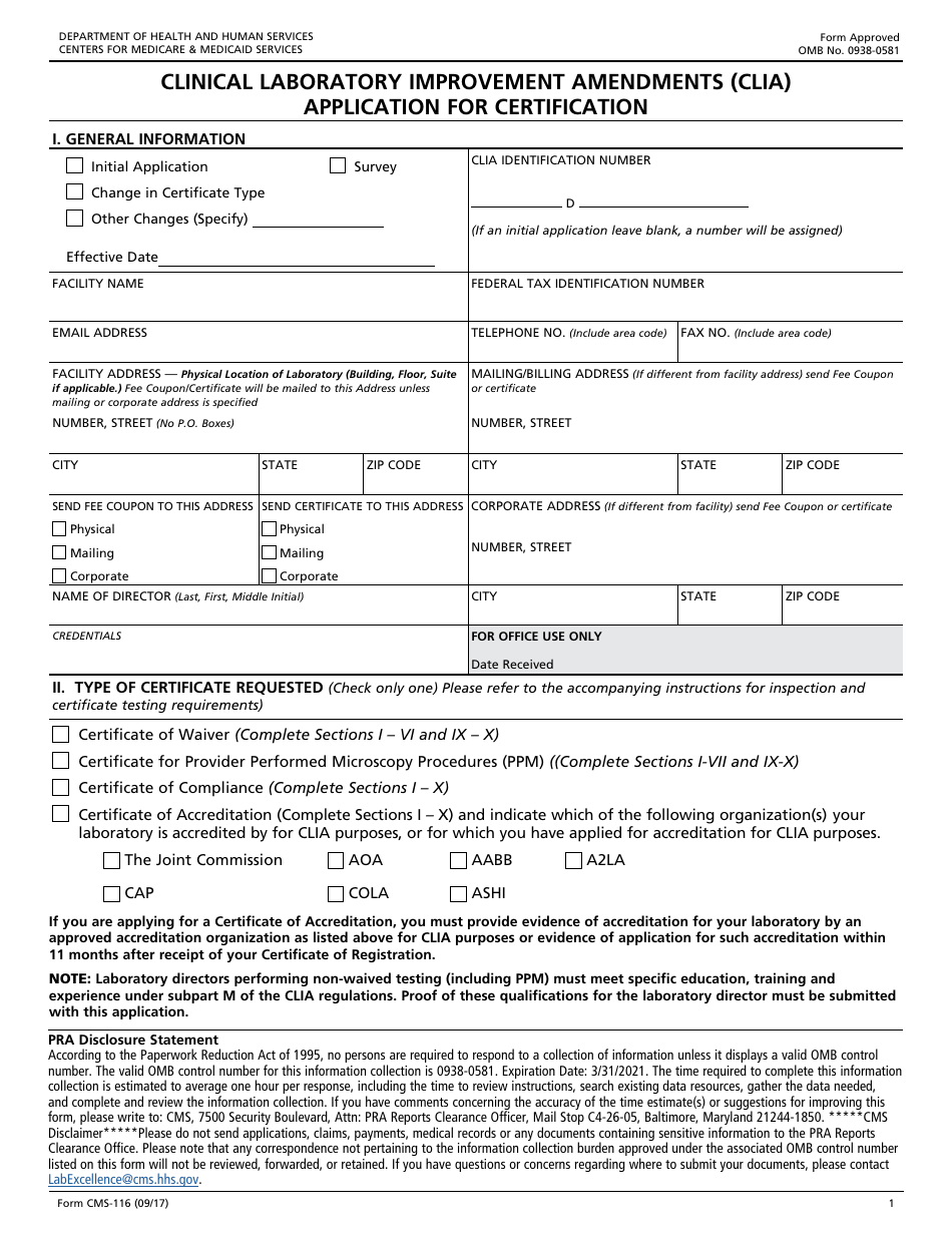 Form CMS-116 Clinical Laboratory Improvement Amendments (Clia) - Application for Certification, Page 1