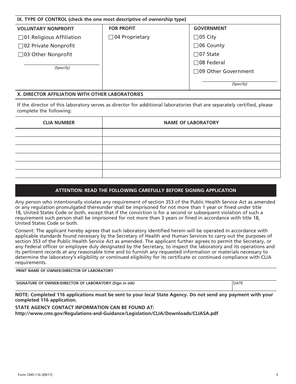 Form CMS-116 Clinical Laboratory Improvement Amendments (Clia) - Application for Certification, Page 5