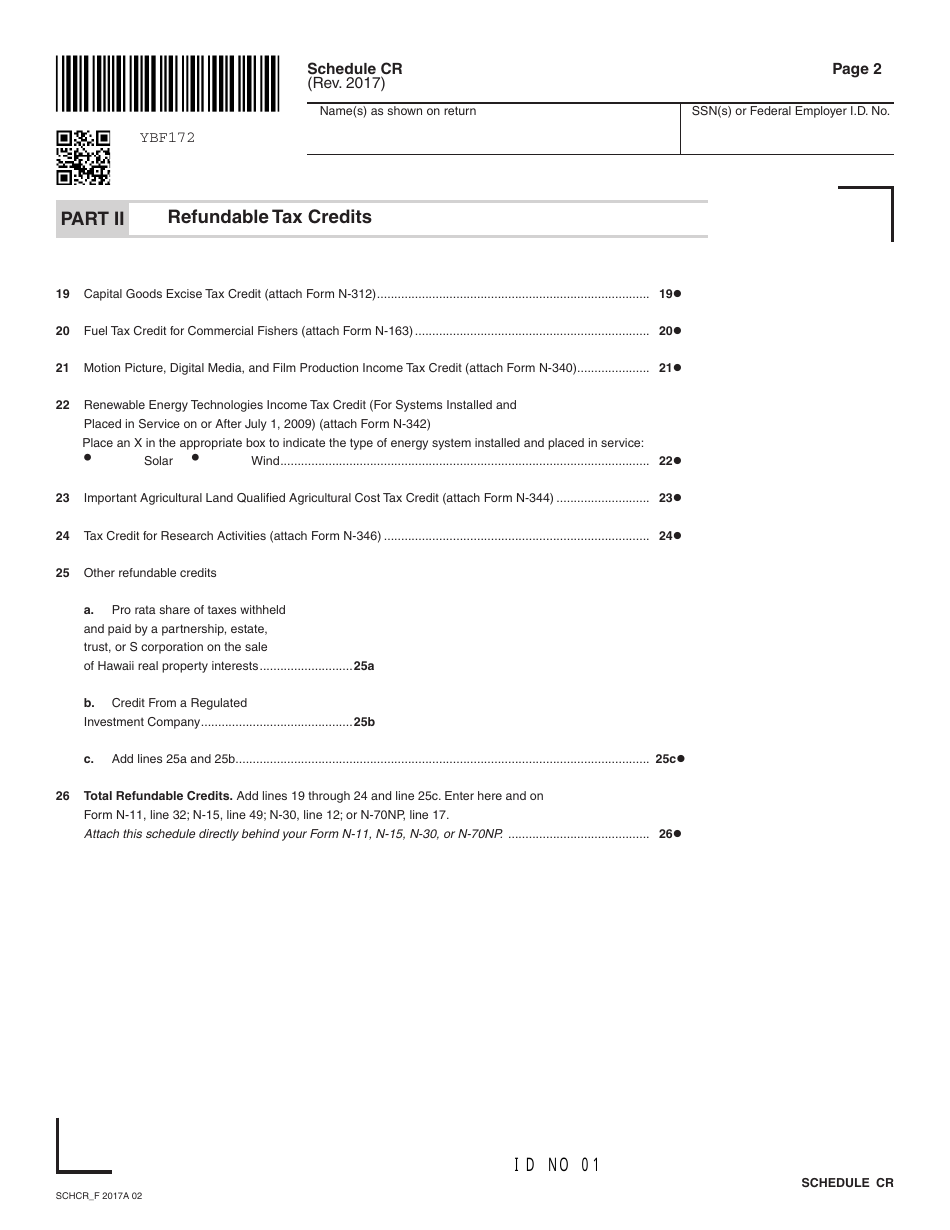 Schedule CR Schedule of Tax Credits - Hawaii, Page 2