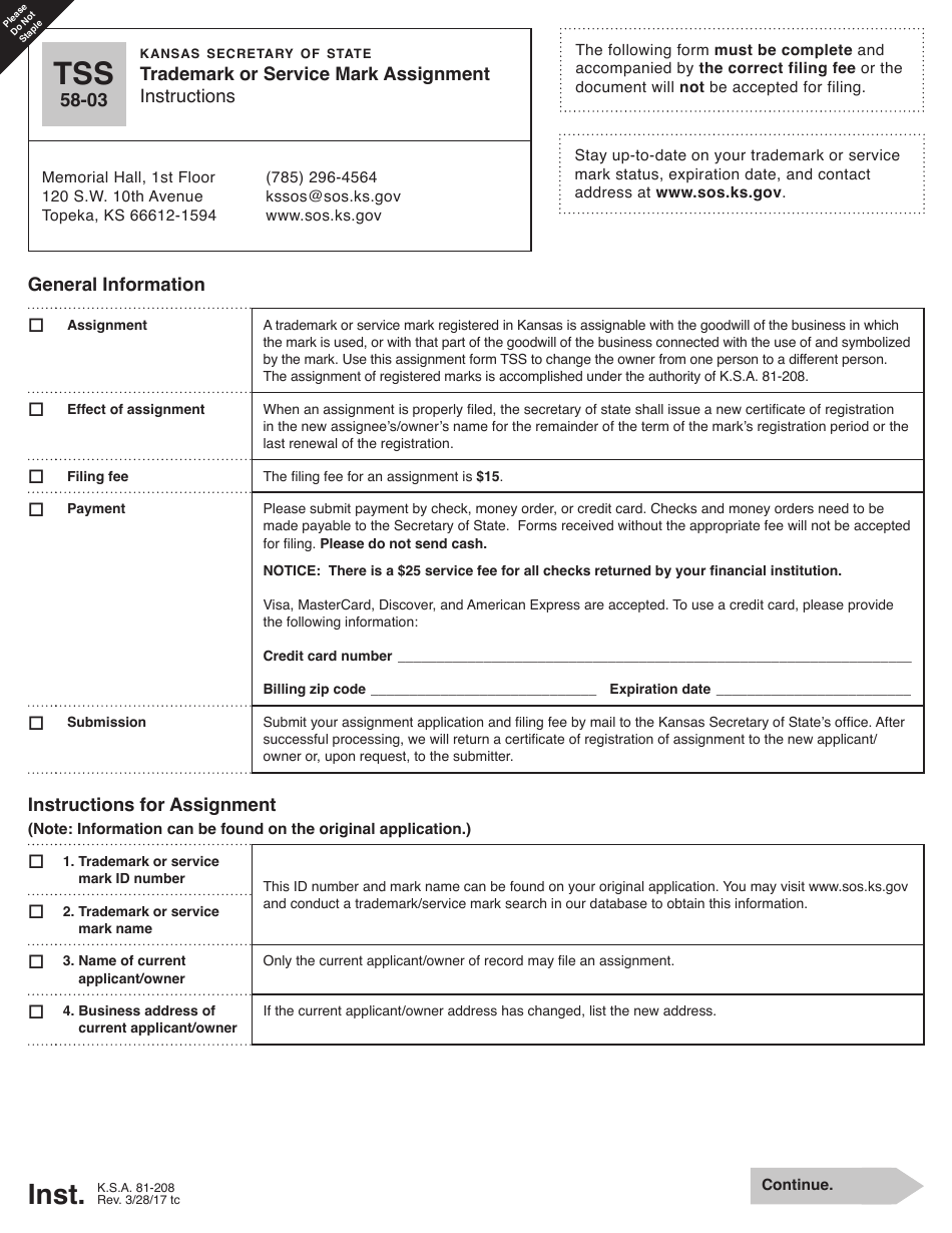 Form TSS58-03 Trademark or Service Mark Assignment - Kansas, Page 1