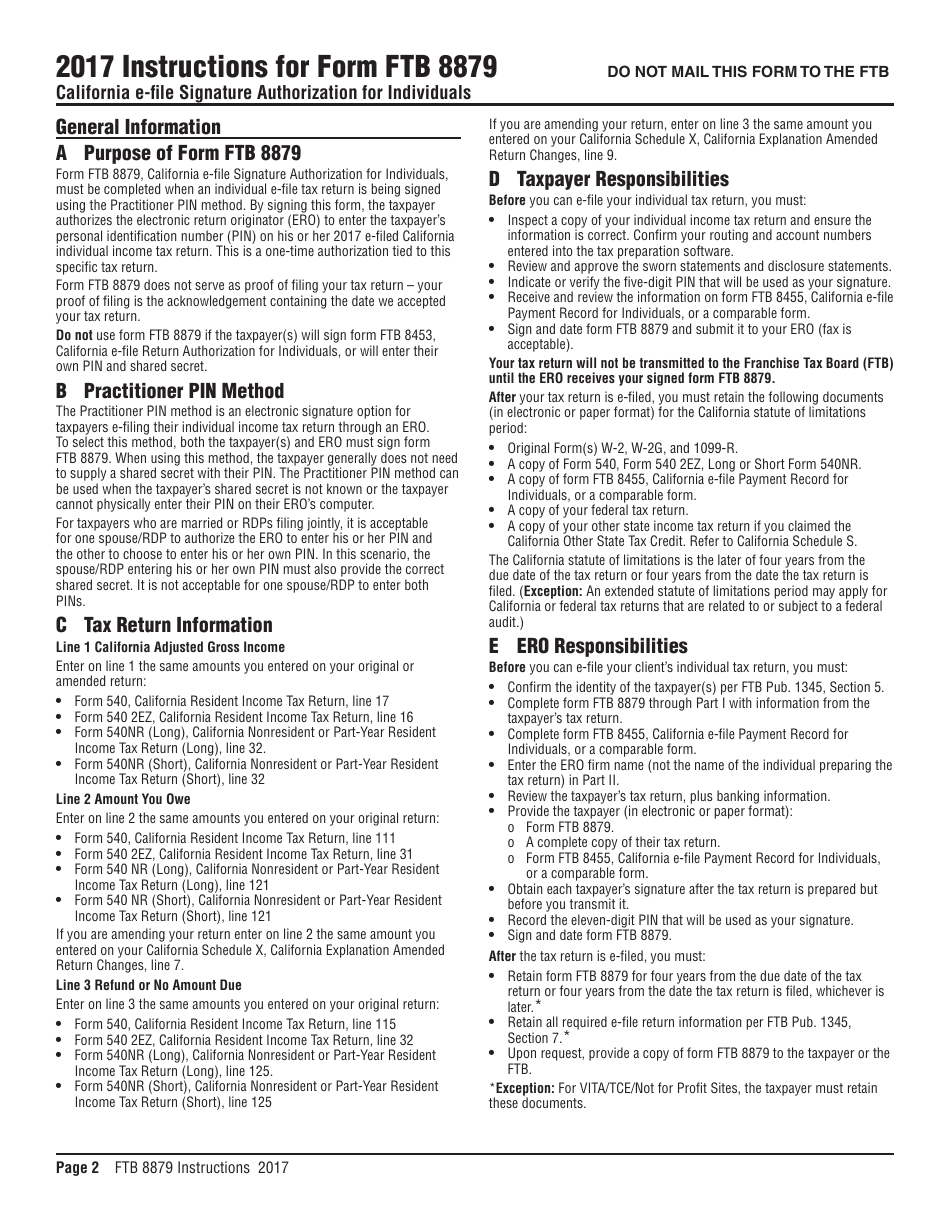 Instructions for Form FTB8879 California E-File Signature Authorization for Individuals - California, Page 1