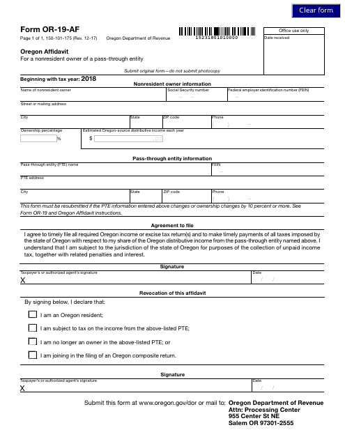 Form OR-19-AF  Printable Pdf
