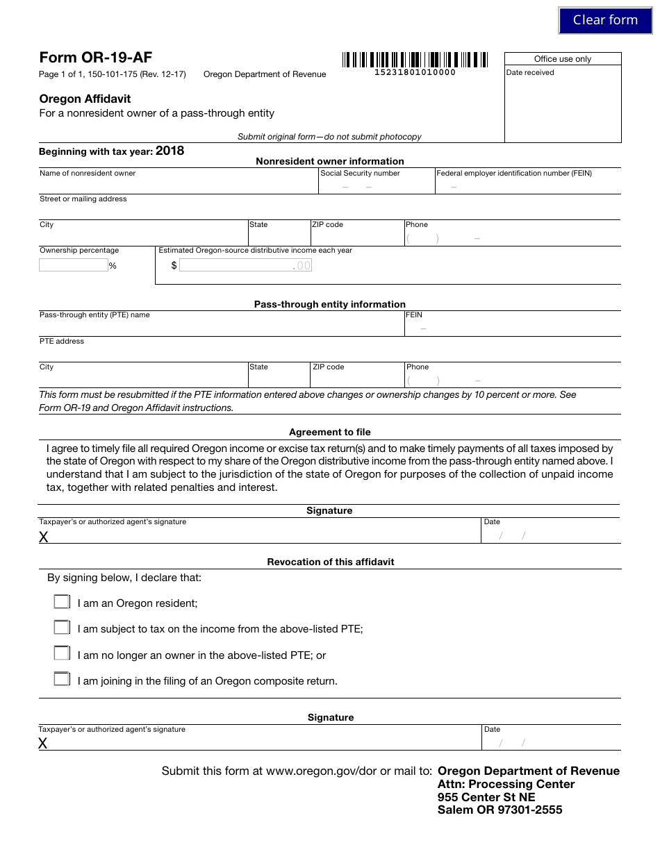 Form OR-19-AF Oregon Affidavit - Oregon, Page 1