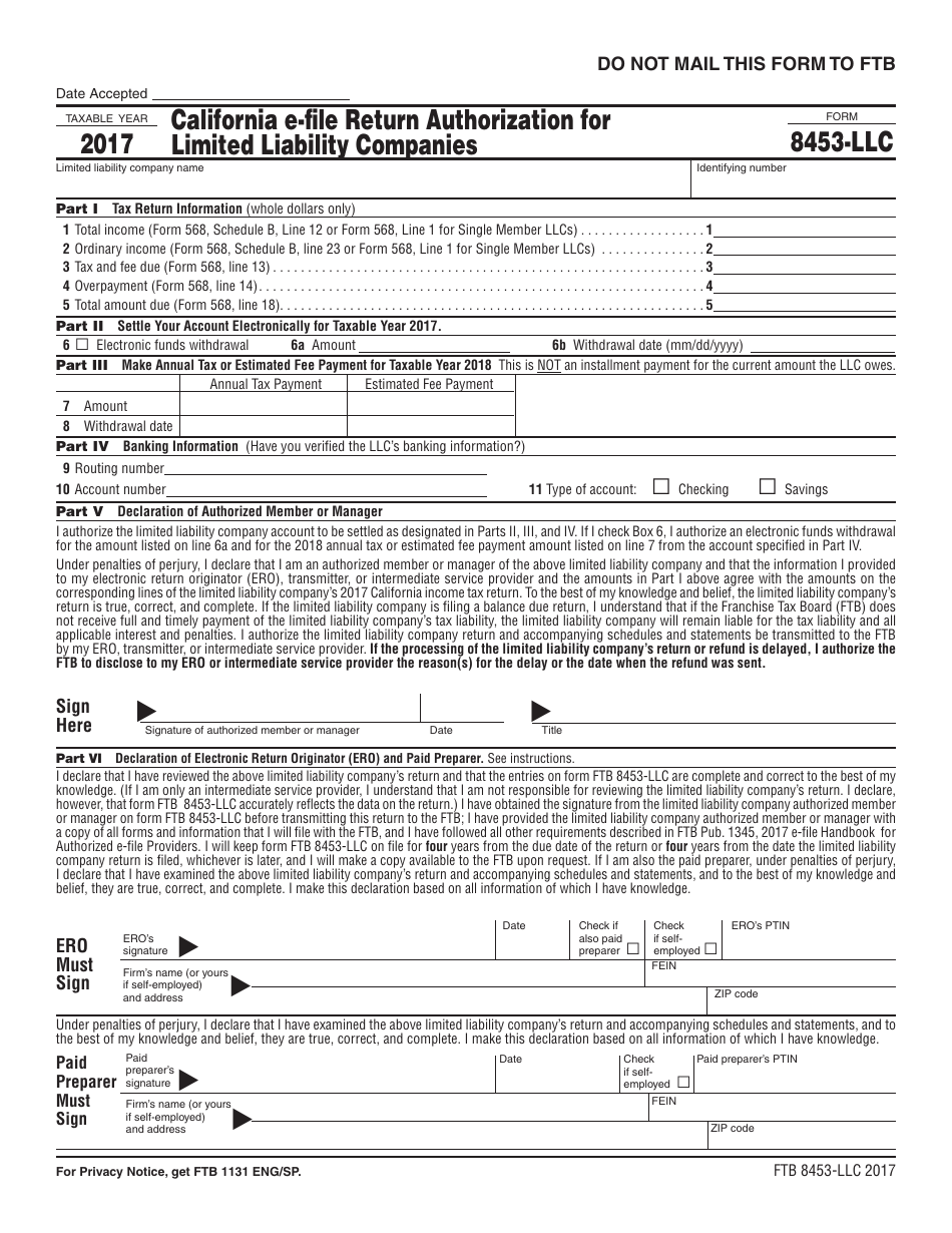 Form FTB8453-LLC California E-File Return Authorization for Limited Liability Companies - California, Page 1