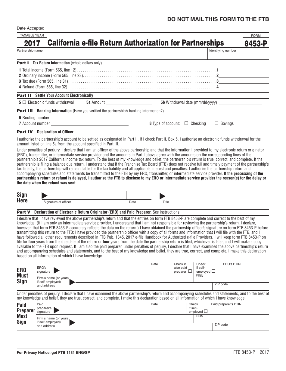 Form FTB8453-P California E-File Return Authorization for Partnerships - California, Page 1