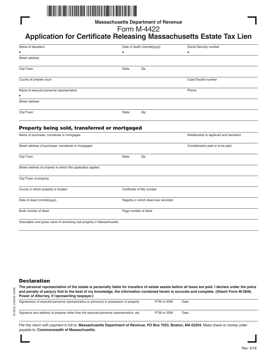 Form M-4422 Application for Certificate Releasing Massachusetts Estate Tax Lien - Massachusetts, Page 1