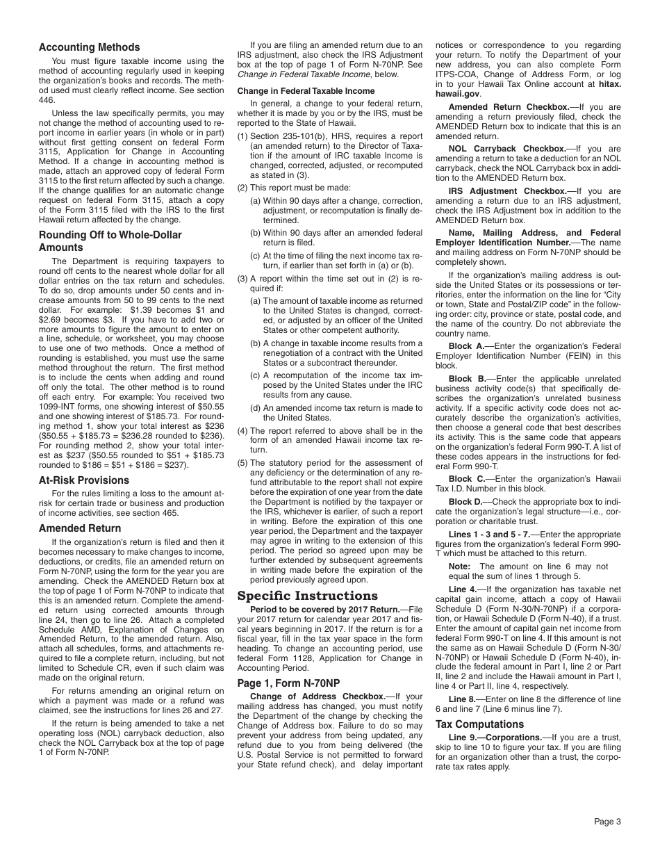 Instructions for Form N-70NP Exempt Organization Business Income Tax Return - Hawaii, Page 3