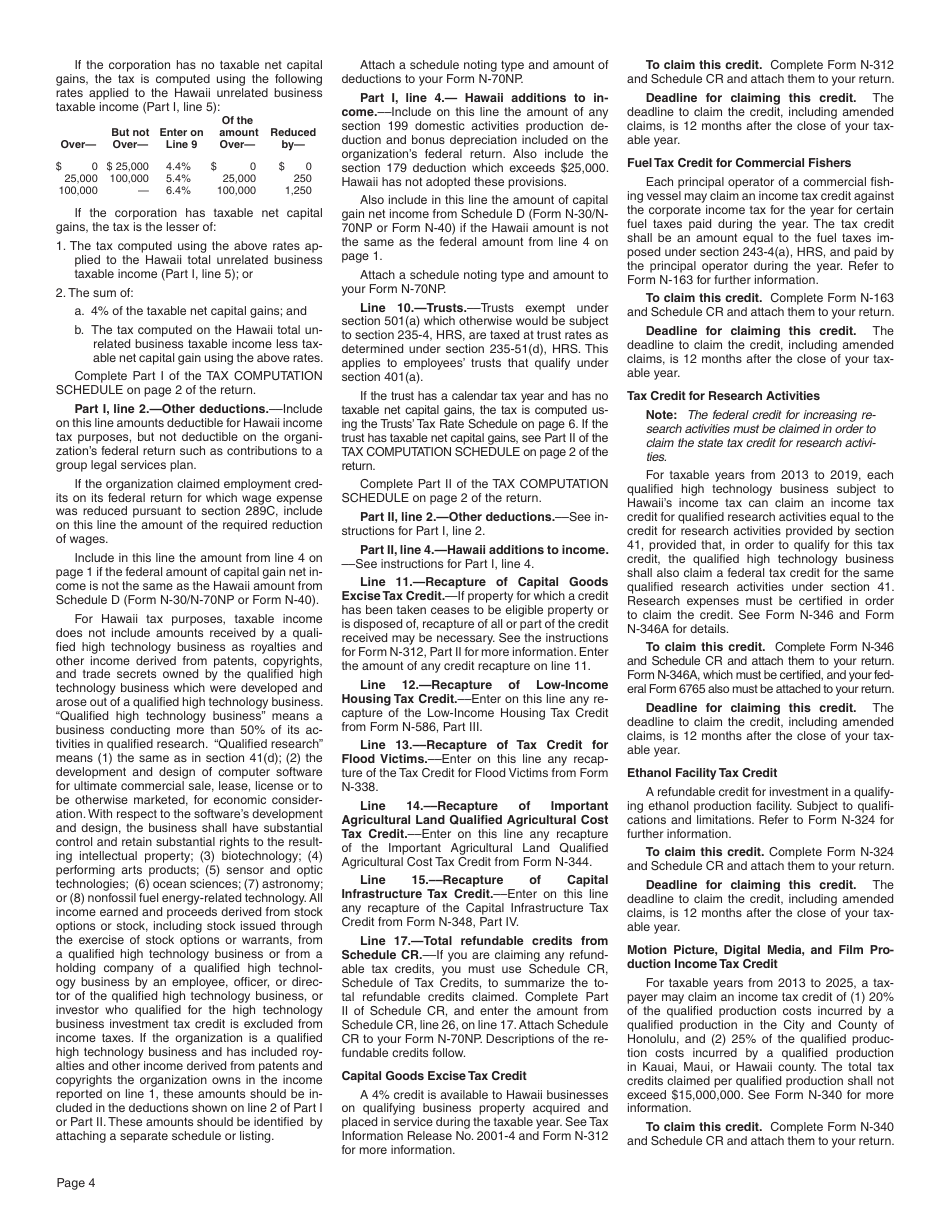 Instructions for Form N-70NP Exempt Organization Business Income Tax Return - Hawaii, Page 4