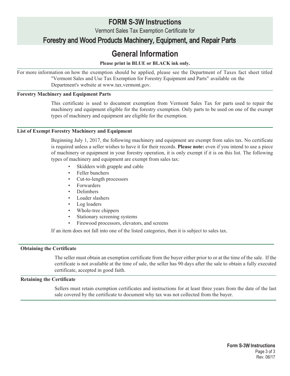 VT Form S-3W Forestry and Wood Products Machinery, Equipment, and Repair Parts - Vermont, Page 3