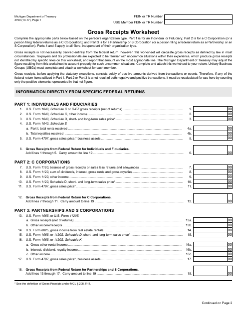 Form 4700 Gross Receipts Worksheet - Michigan