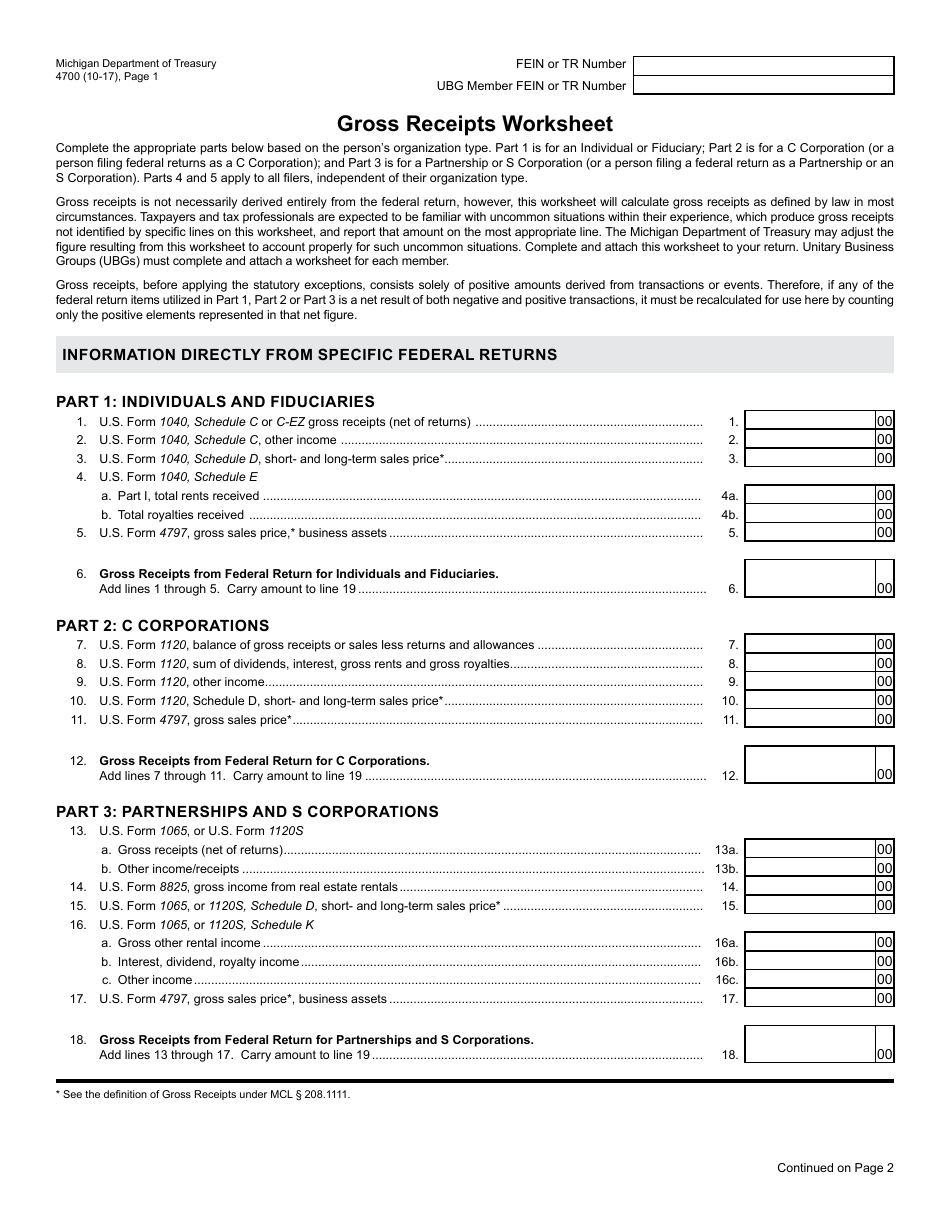 Form 4700 Gross Receipts Worksheet - Michigan, Page 1