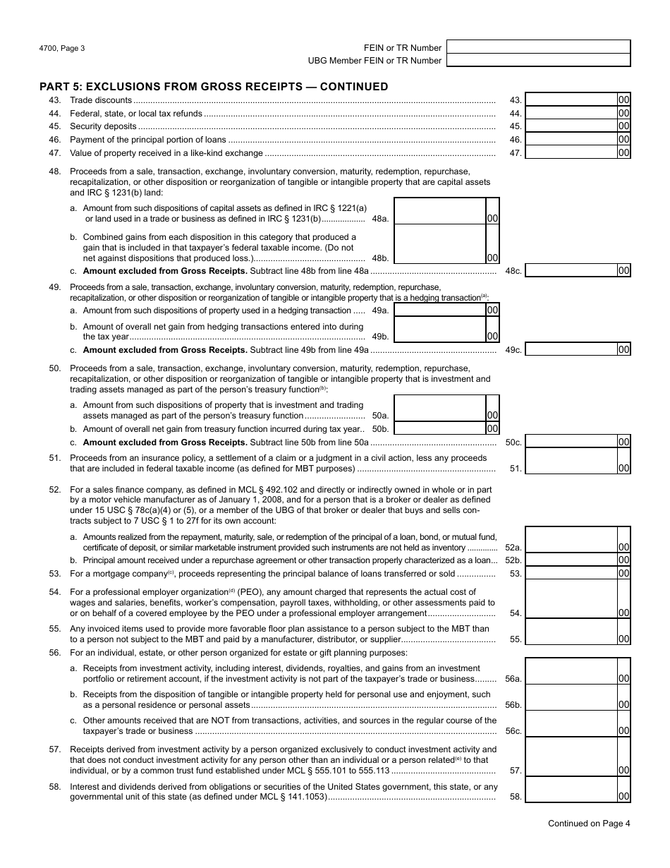 Form 4700 Gross Receipts Worksheet - Michigan, Page 3