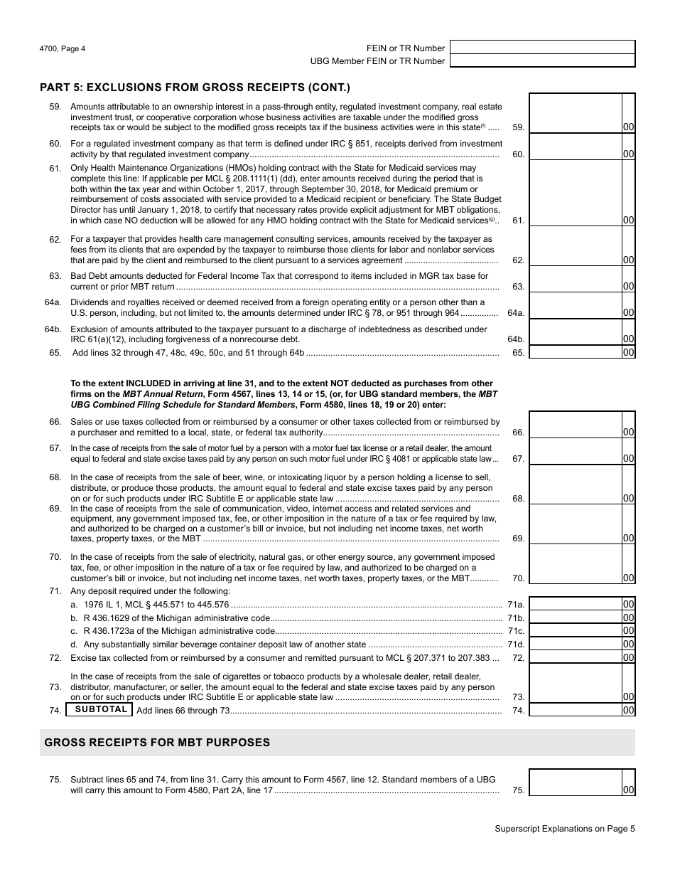 Form 4700 Gross Receipts Worksheet - Michigan, Page 4