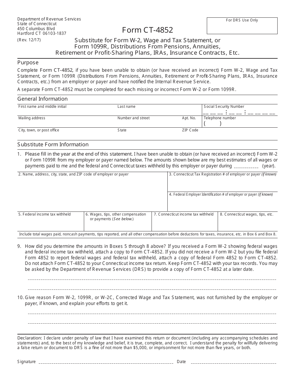Form CT-4852 Substitute for Form W-2, Wage and Tax Statement, or Form 1099r, Distribution From Pensions, Annuities, Retirement or Profi T-Sharing Plans, IRAs, Insurance Contracts, Etc. - Connecticut, Page 1