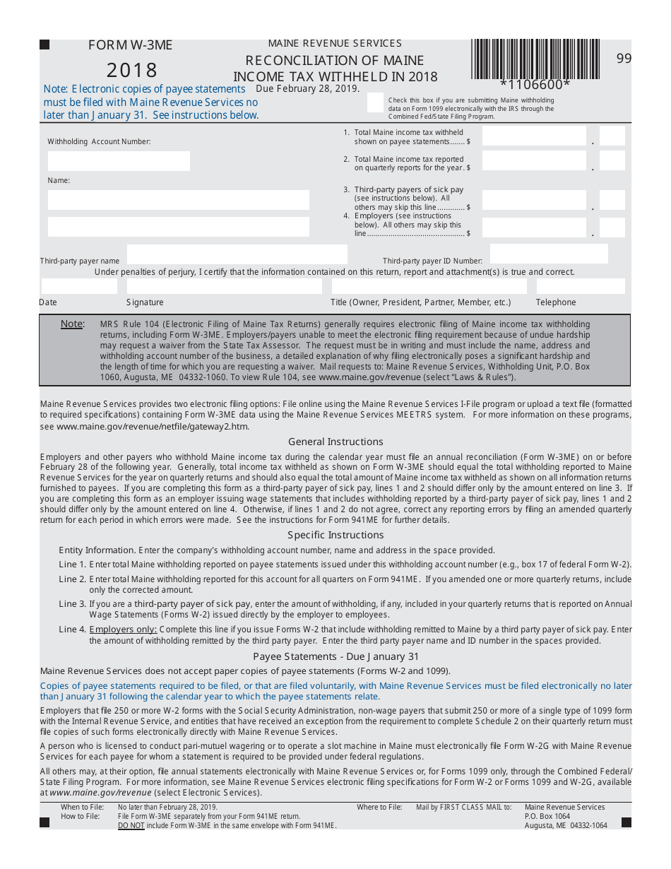 Form W-3ME Reconciliation of Maine Income Tax Withheld in 2018 - Maine, Page 1