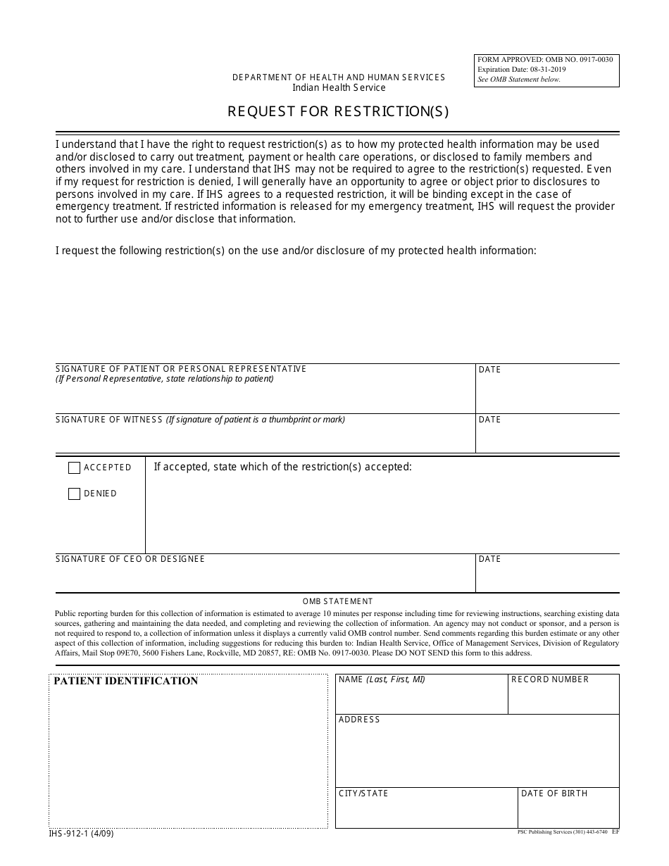 Form IHS-912-1 Request for Restriction(S), Page 1