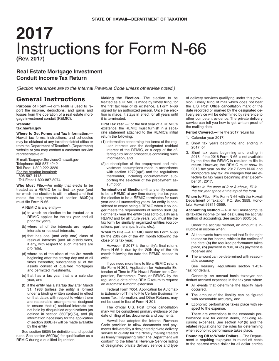 Instructions for Form N-66 Real Estate Mortgage Investment Conduit Income Tax Return - Hawaii, Page 1