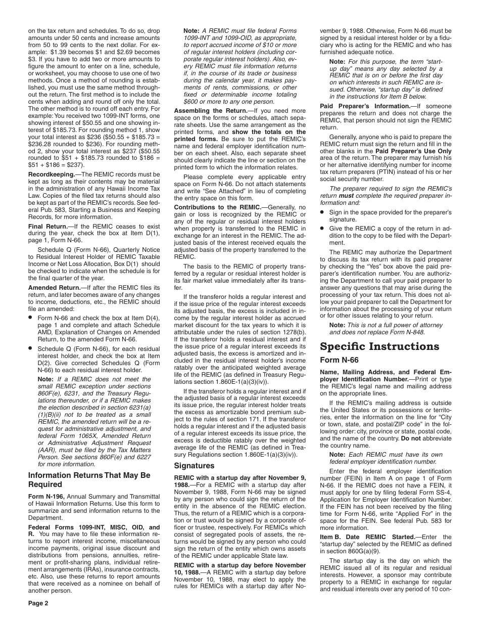 Instructions for Form N-66 Real Estate Mortgage Investment Conduit Income Tax Return - Hawaii, Page 2