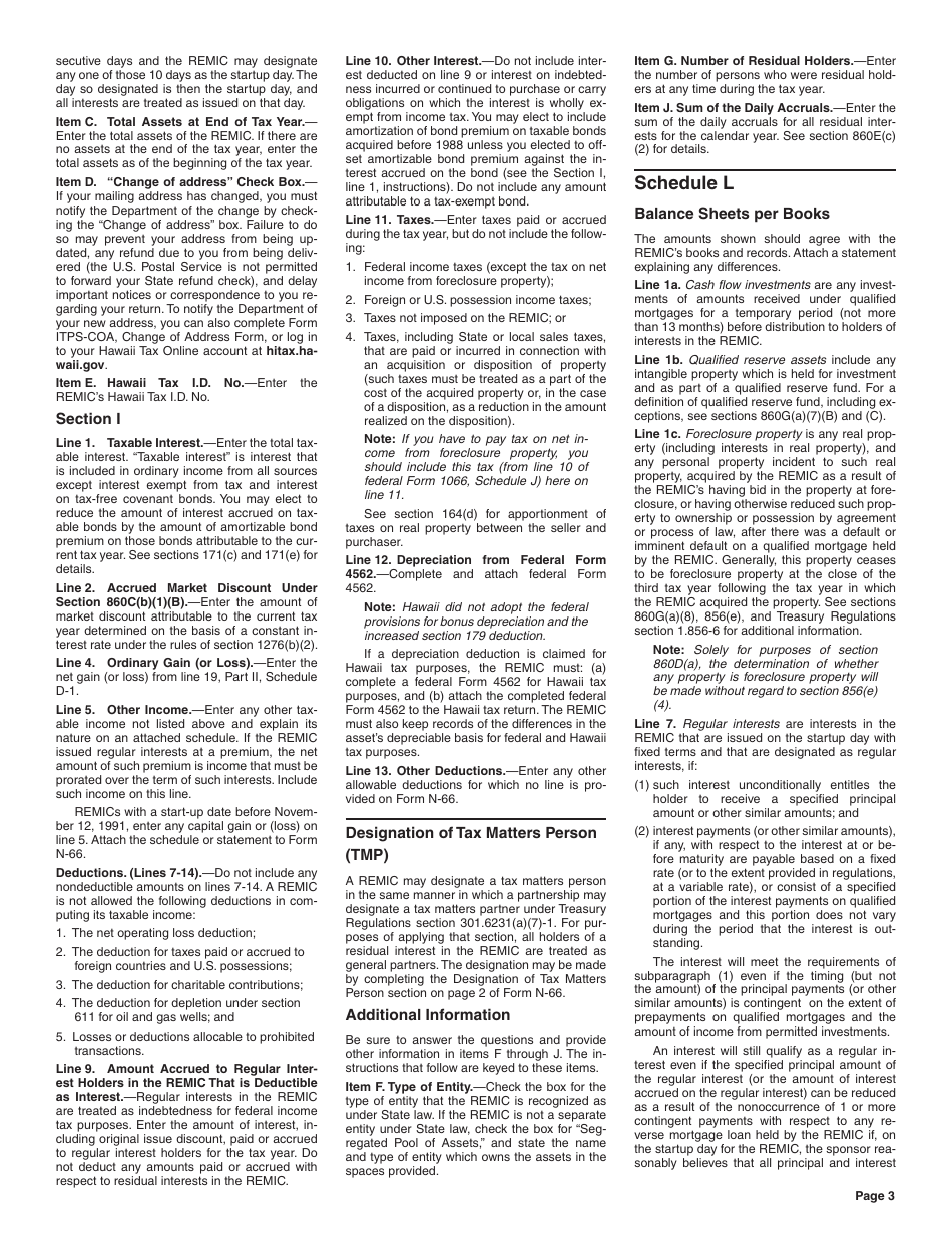 Instructions for Form N-66 Real Estate Mortgage Investment Conduit Income Tax Return - Hawaii, Page 3