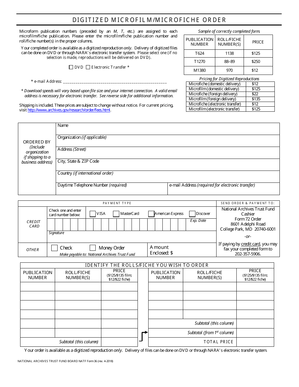 NATF Form 36 Digitized Microfilm / Microfiche Order, Page 1