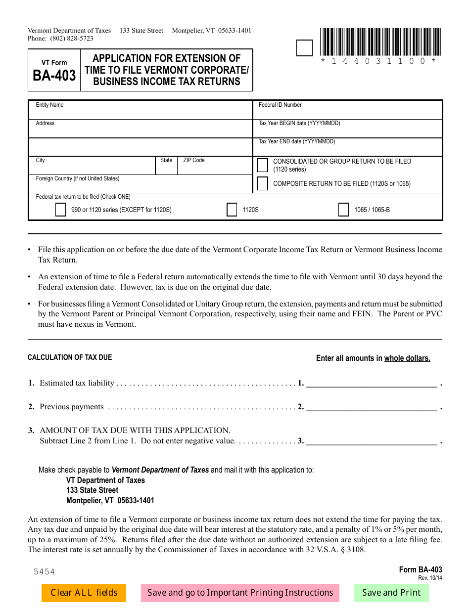 VT Form BA-403 Application for Extension of Time to File Vermont Corporate / Business Income Tax Returns - Vermont, Page 1
