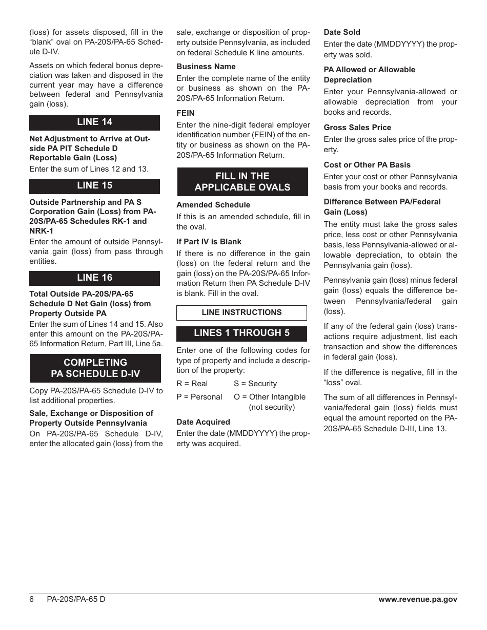 Form PA-20S (PA-65 D) Schedule D Sale, Exchange or Disposition of Property Within Pennsylvania - Pennsylvania, Page 10