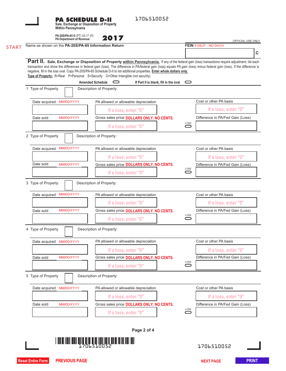 Form PA-20S (PA-65 D) Schedule D Sale, Exchange or Disposition of Property Within Pennsylvania - Pennsylvania, Page 2