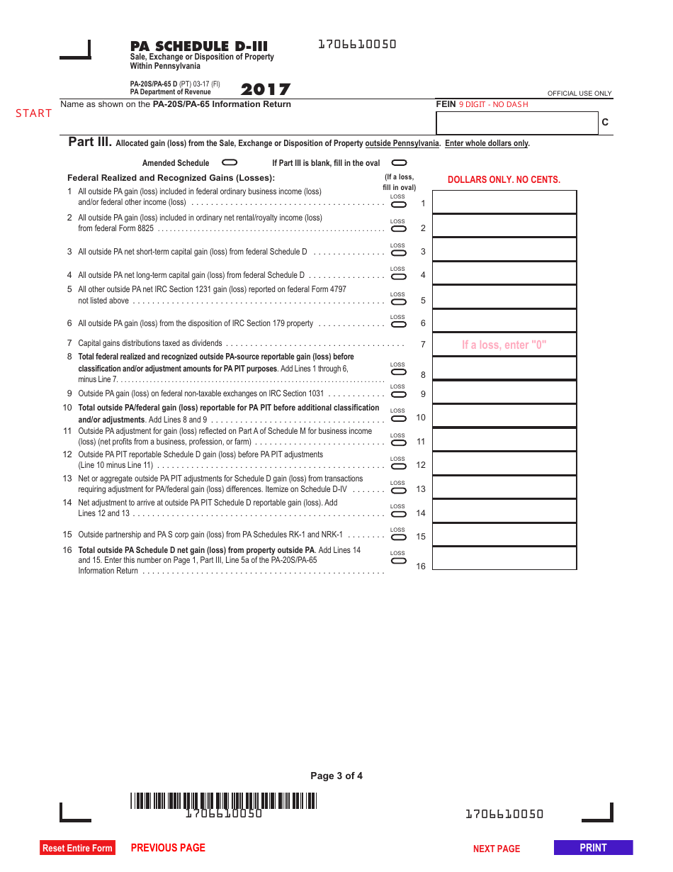 Form PA-20S (PA-65 D) Schedule D Sale, Exchange or Disposition of Property Within Pennsylvania - Pennsylvania, Page 3