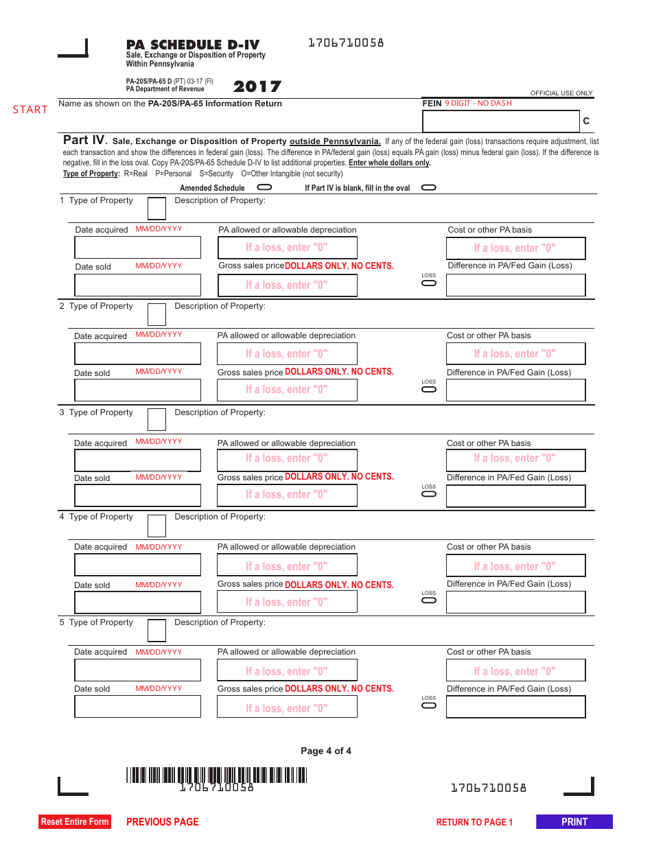 Form PA-20S (PA-65 D) Schedule D Sale, Exchange or Disposition of Property Within Pennsylvania - Pennsylvania, Page 4