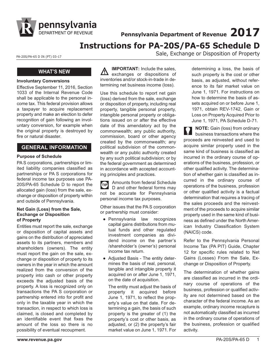 Form PA-20S (PA-65 D) Schedule D Sale, Exchange or Disposition of Property Within Pennsylvania - Pennsylvania, Page 5