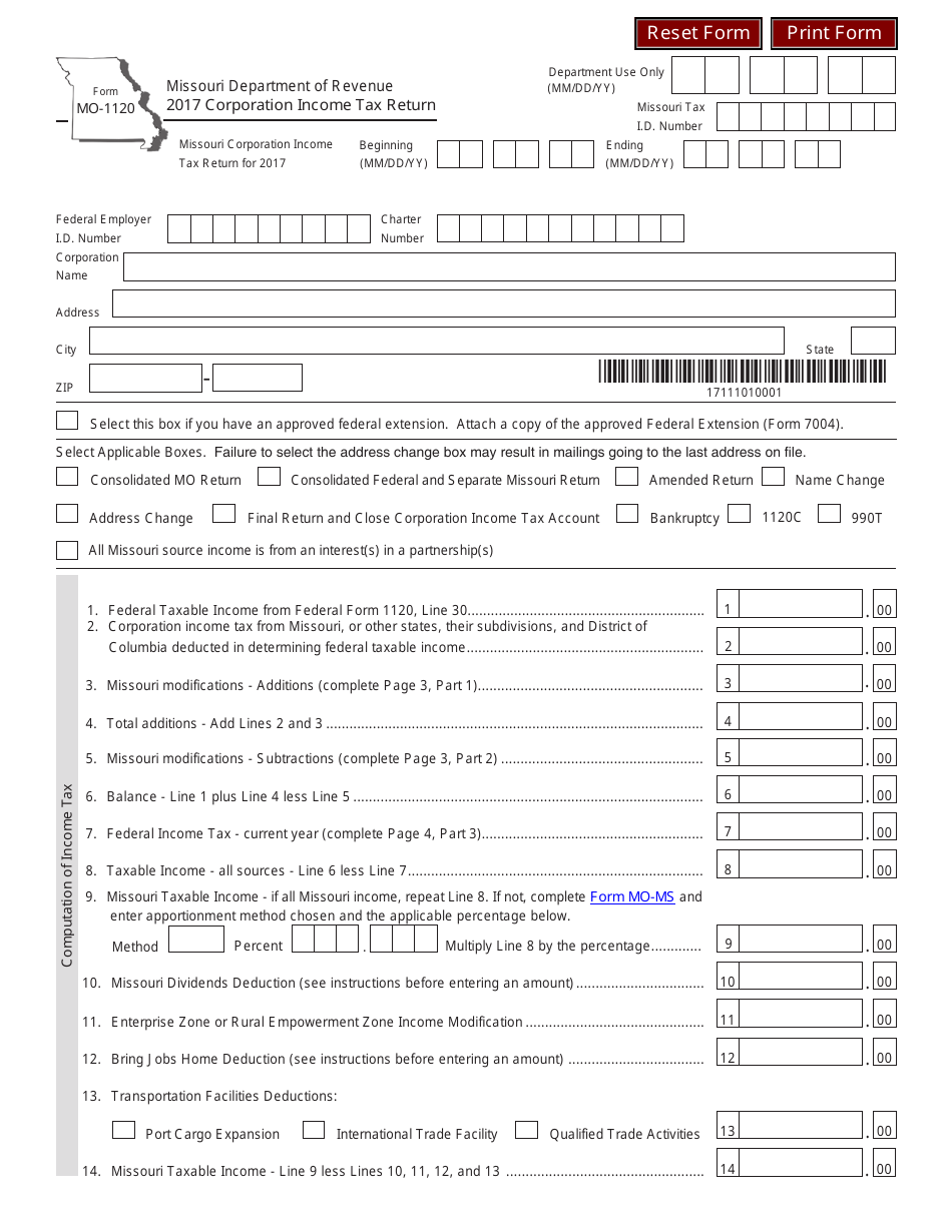 Form MO-1120 Corporation Income Tax Return - Missouri, Page 1
