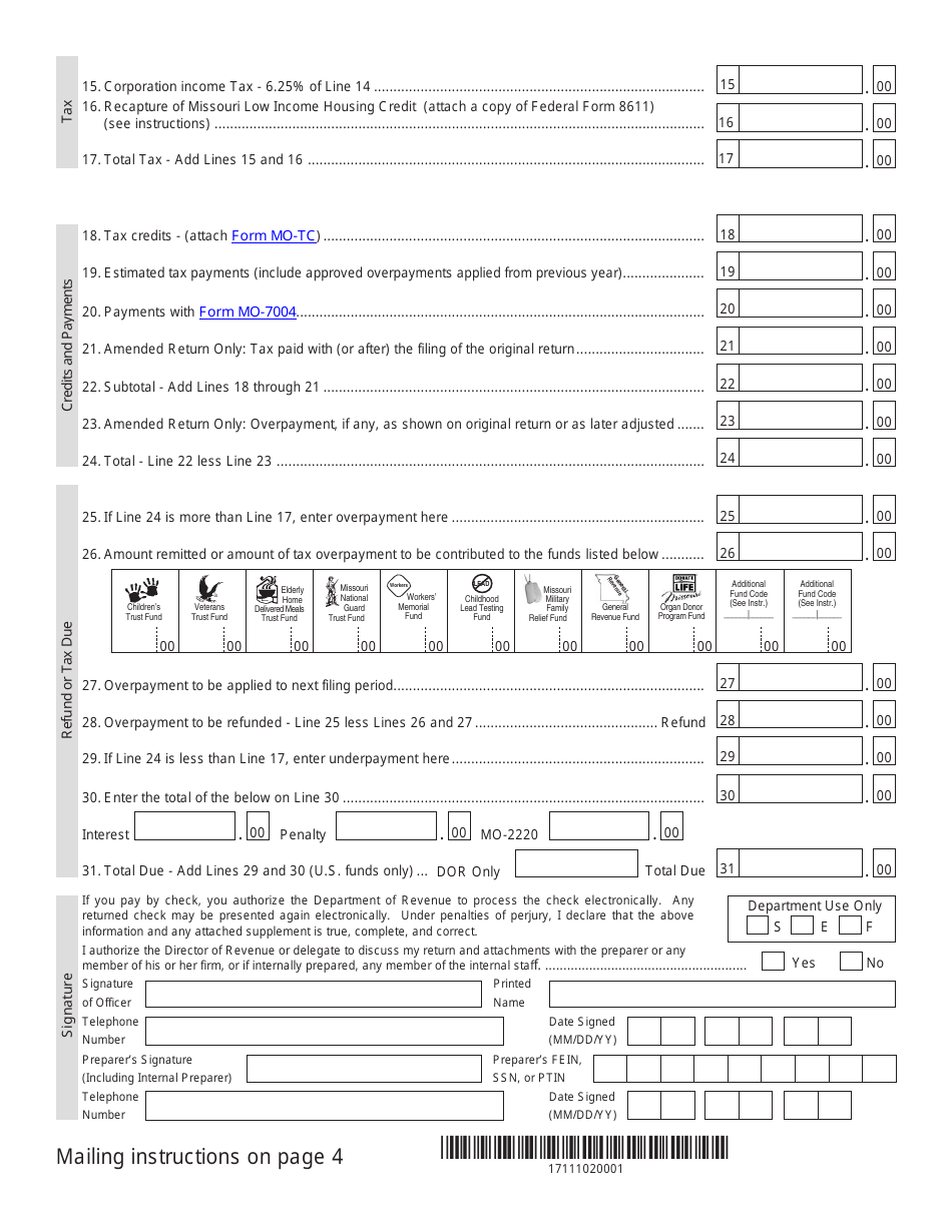 Form MO-1120 Corporation Income Tax Return - Missouri, Page 2