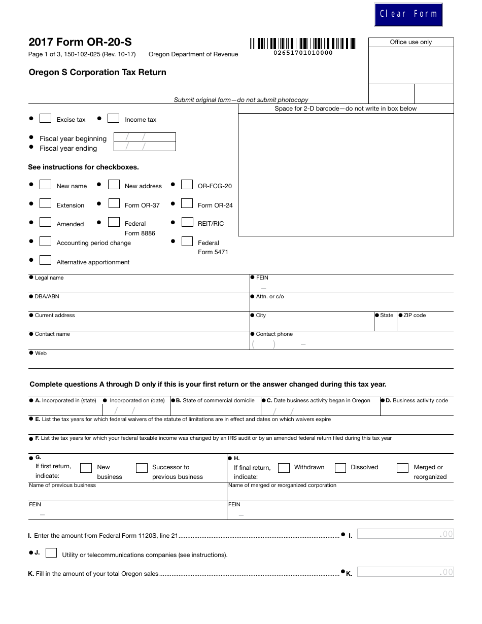 Form OR-20-S Oregon S Corporation Tax Return - Oregon, Page 1