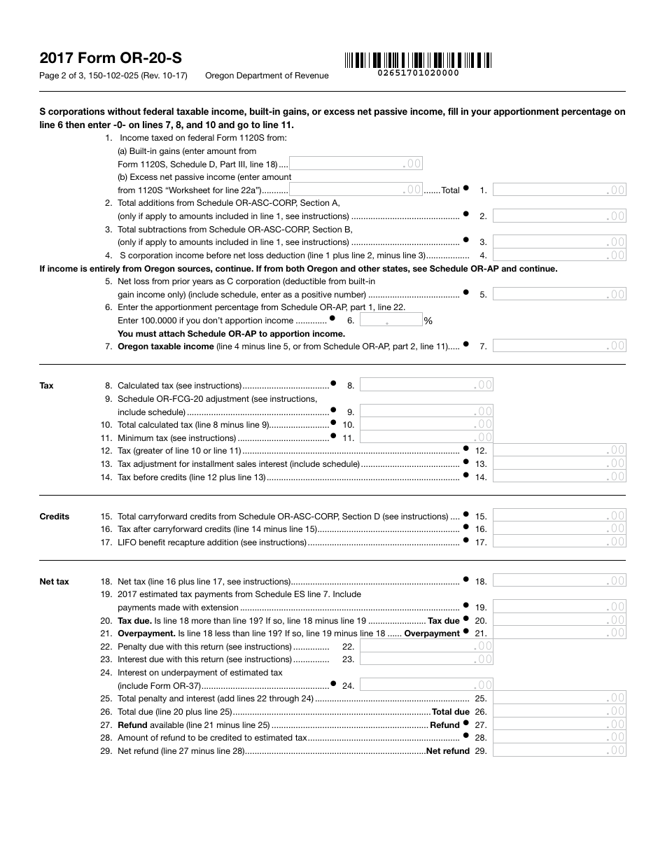 Form OR-20-S Oregon S Corporation Tax Return - Oregon, Page 2