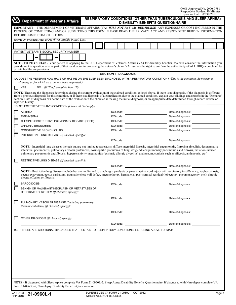VA Form 21-0960L-1 Respiratory Conditions (Other Than Tuberculosis and Sleep Apnea) Disability Benefits Questionnaire, Page 1
