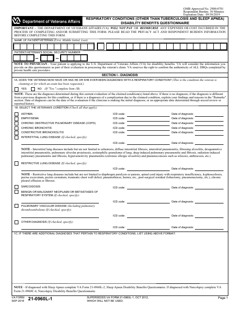 VA Form 21-0960L-1 Respiratory Conditions (Other Than Tuberculosis and Sleep Apnea) Disability Benefits Questionnaire