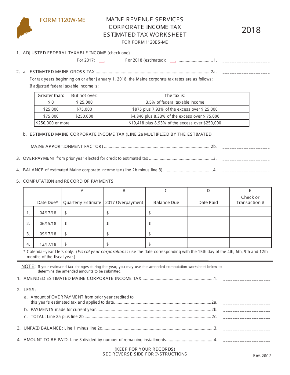 Form 1120W-ME Corporate Income Tax Estimated Tax Worksheet - Maine, Page 1