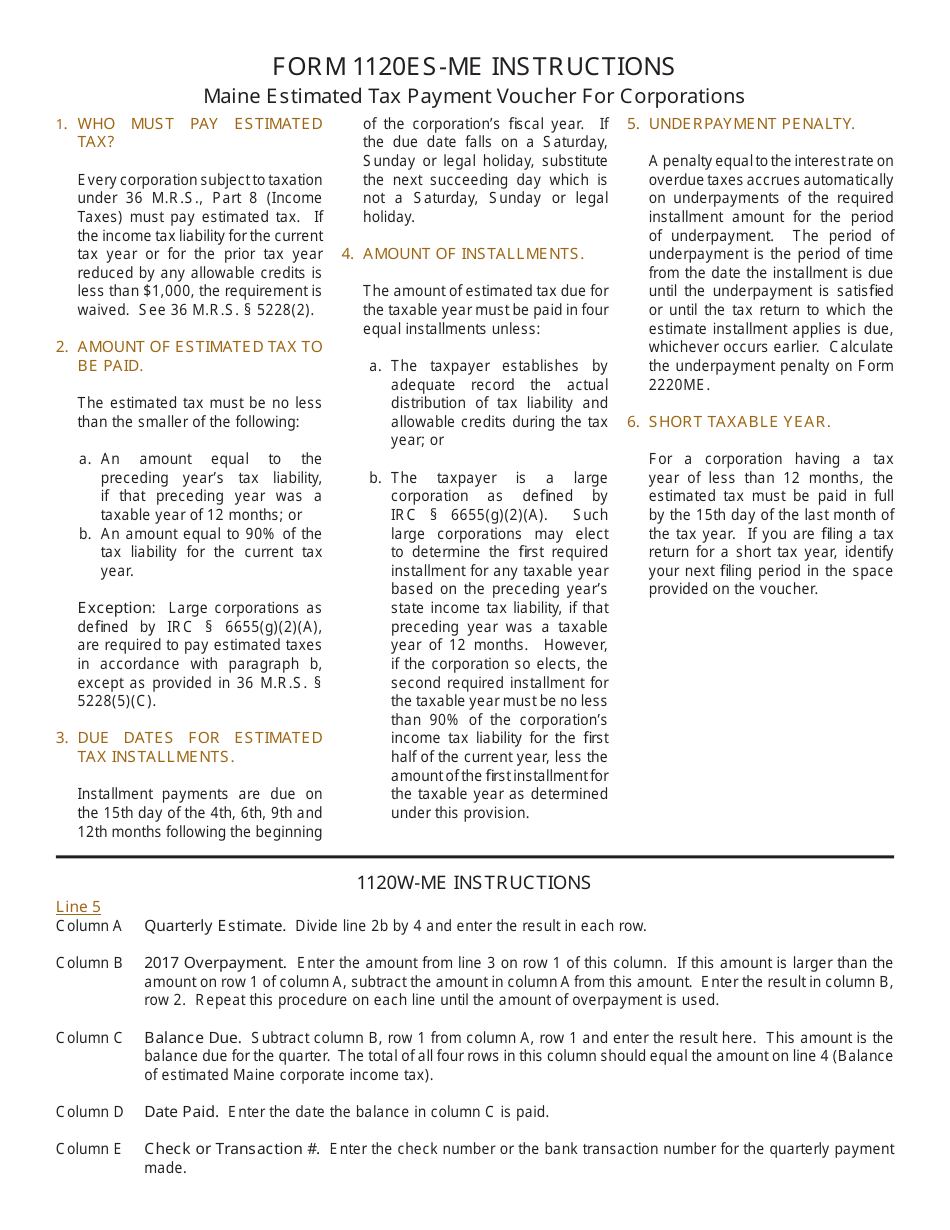 Form 1120W-ME Corporate Income Tax Estimated Tax Worksheet - Maine, Page 2