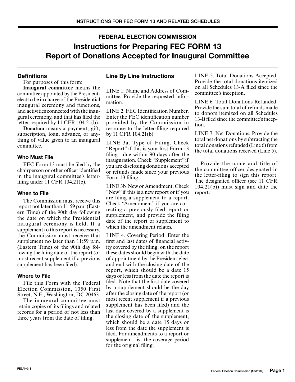 Instructions for FEC Form 13 Report of Donations Accepted for Inaugural Committee, Page 1
