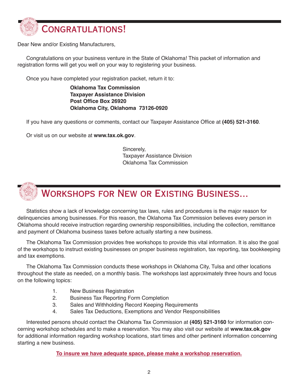 OTC Form M Oklahoma Business Registration Packet for Manufacturers - Oklahoma, Page 2