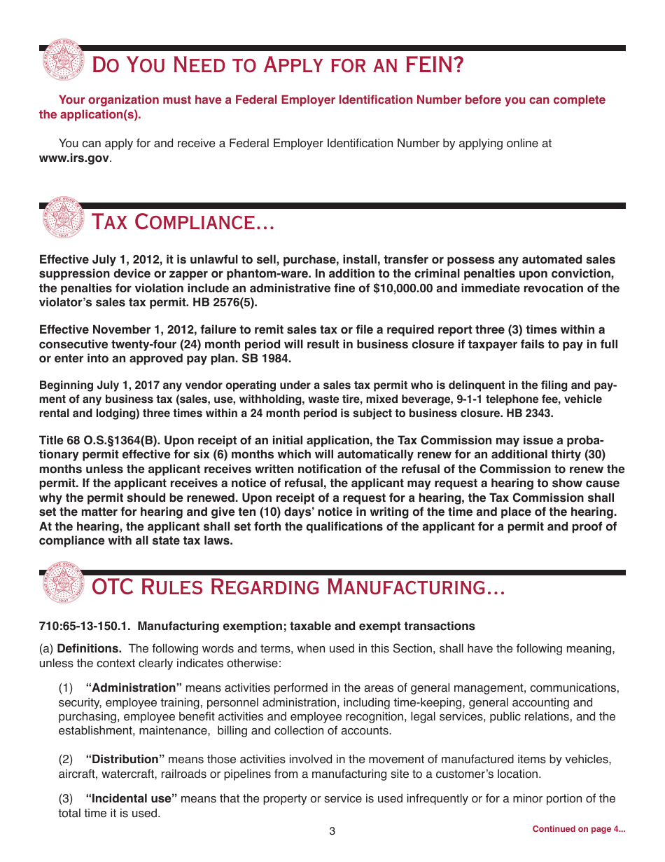 OTC Form M Oklahoma Business Registration Packet for Manufacturers - Oklahoma, Page 3