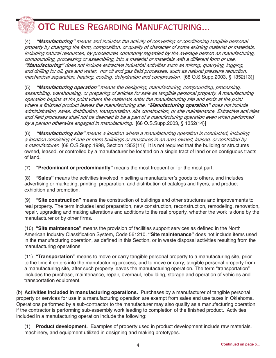 OTC Form M Oklahoma Business Registration Packet for Manufacturers - Oklahoma, Page 4