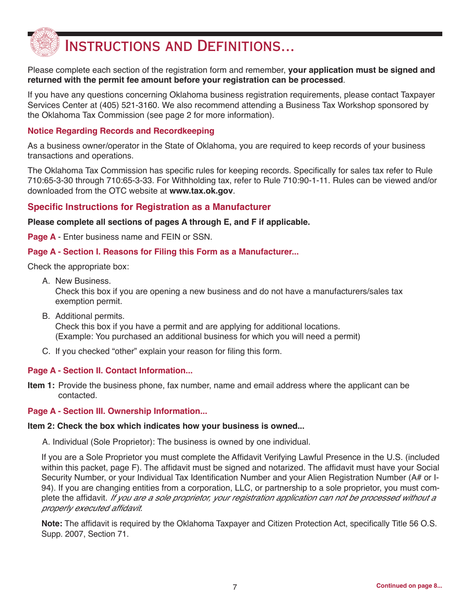 OTC Form M Oklahoma Business Registration Packet for Manufacturers - Oklahoma, Page 7
