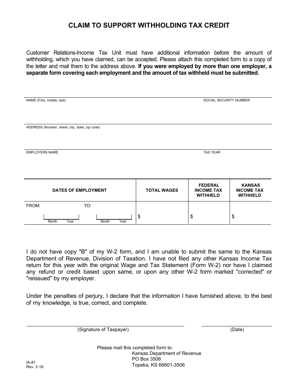Form IA-81 Claim to Support Withholding Tax Credit - Kansas, Page 1